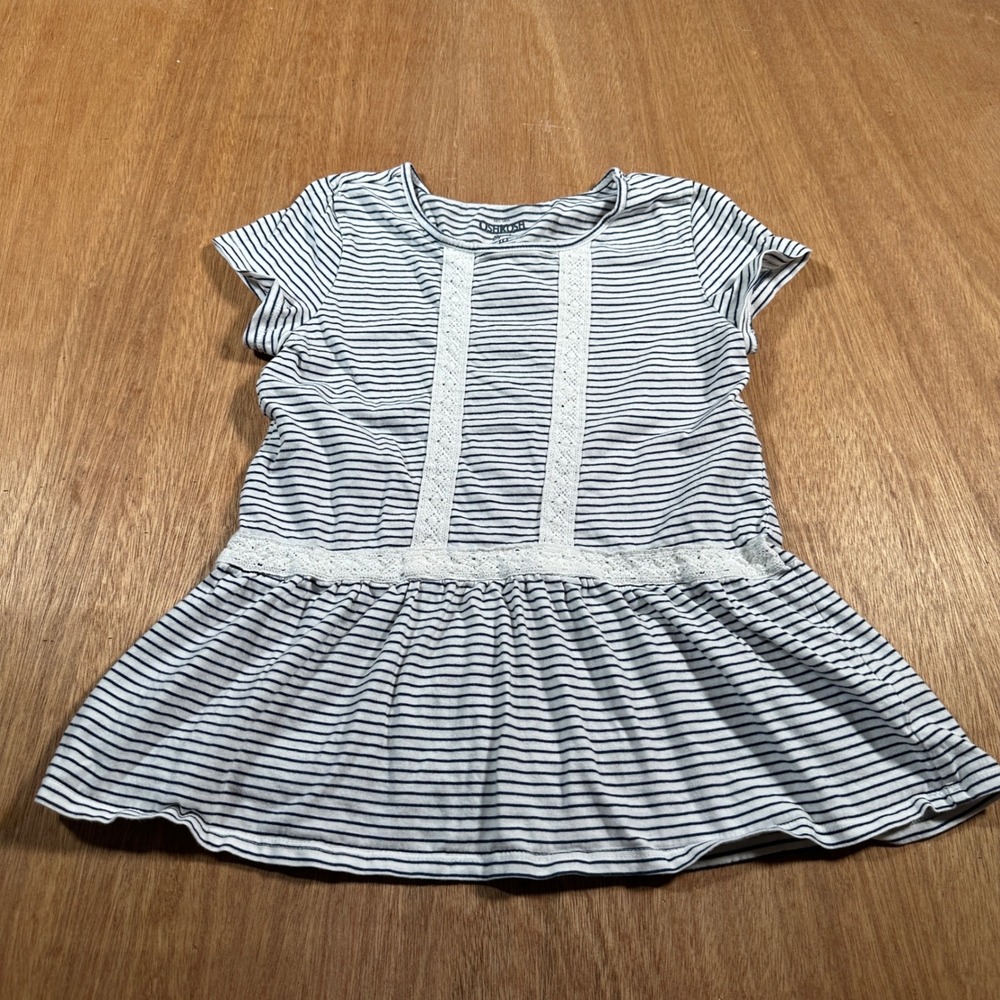 OshKosh B'gosh Peplum Top Kids Size 10 Navy White Stripe Lace Trim Short Sleeve